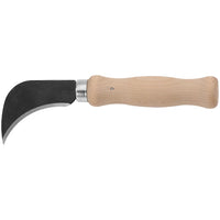 The STANLEY Linoleum Knife features a curved, sleek black blade and a smooth light wooden handle—ideal for precise pruning or grafting tasks.