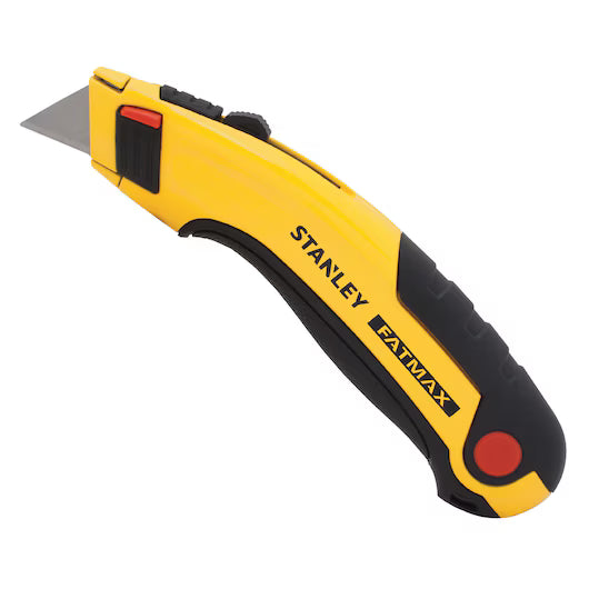 The STANLEY® FATMAX® Retractable Utility Knife by STANLEY, featuring a yellow and black ergonomic design, serves as a durable heavy-duty cutting tool and is displayed on a white background.