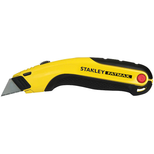 The STANLEY® FATMAX® Retractable Utility Knife by STANLEY features a yellow and black ergonomic handle with a red safety button, designed for heavy-duty cutting, shown against a white background.