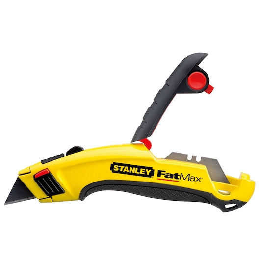 The STANLEY® FATMAX® Retractable Utility Knife features a yellow and black ergonomic design, exposed blade, built-in blade storage, and is ideal as a heavy-duty cutting tool for tough tasks.