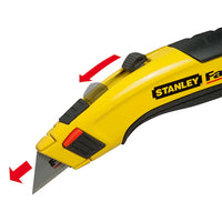 A yellow STANLEY® FATMAX® Retractable Utility Knife with black grip and labeled controls; red arrows highlight the blade extension and retraction mechanism on this heavy-duty STANLEY tool.