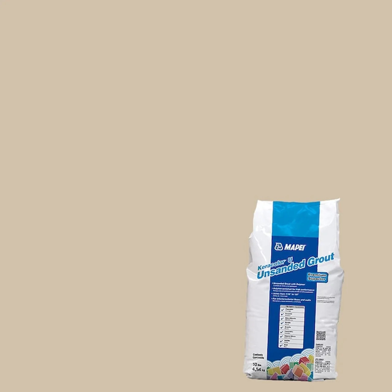 A 10 lb. bag of Go Build Keracolor U Bone Unsanded Grout is shown against a beige background. Ideal for porcelain, ceramic, and natural stone tiles. Use with MAPEI Grout Maximizer for enhanced performance.