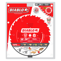 The DIABLO D1024X 10 in. x 24-Teeth Ripping Saw Blade packaging showcases a red and white design with the Diablo logo, blade image, and details. It features Thin Kerf, Non-Stick Perma-SHIELD, durable carbide tips, and is ideal for table saw rip cuts.
