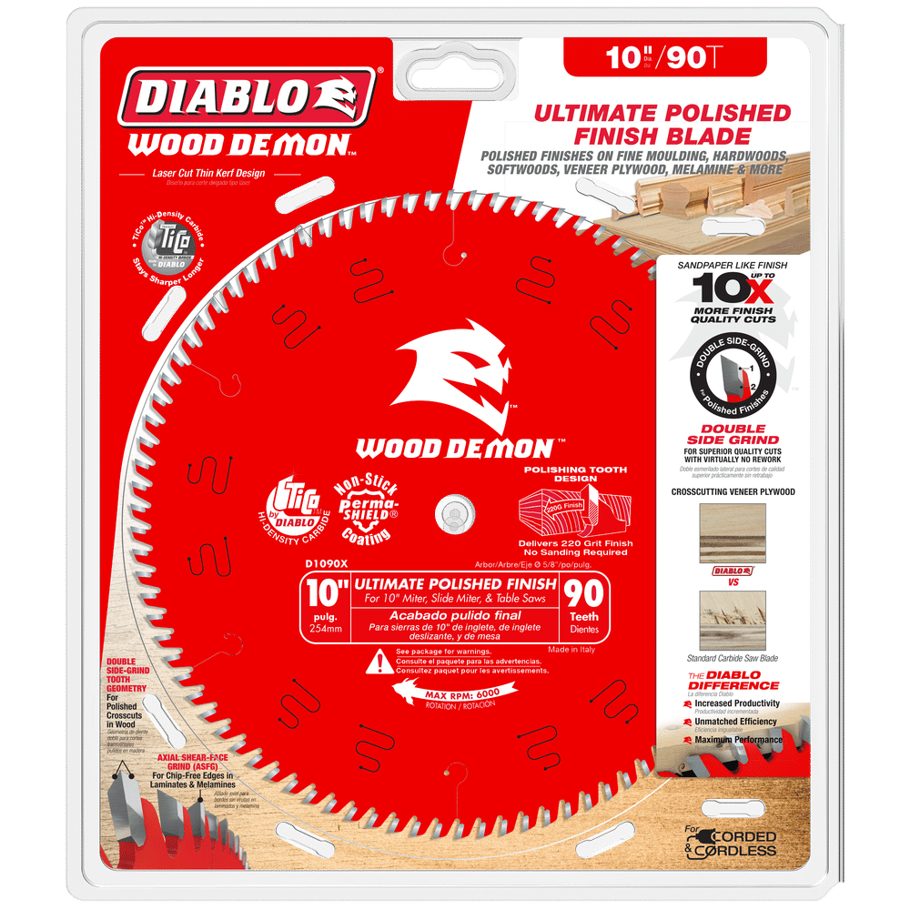 The Diablo D1090X 10 in. x 90-teeth saw blade is expertly packaged for polished finishes. This red blade features an ultra-thin kerf design and TiCo Hi-Density Carbide, making it ideal for softwoods, hardwoods, veneers, and more.