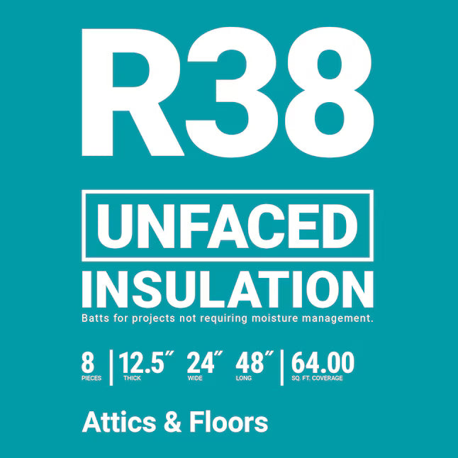 Bold white text on a teal background reads: OWENS CORNING R38 24x48 in. Unfaced Fiberglass Insulation Batt 64 SQ FT, with project details below: 8 batts, 12.5 in. thick, covers 64 sq. ft.; for attics and floors.