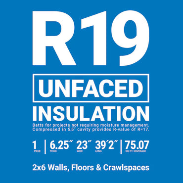 Blue label for Owens Corning R19 Unfaced Fiberglass Insulation Continuous Roll, 23 in. x 39.2 ft., 75 sq ft coverage, 6.25 in. thick—ideal for 2x6 walls, floors, crawlspaces; highlights moisture management on packaging.