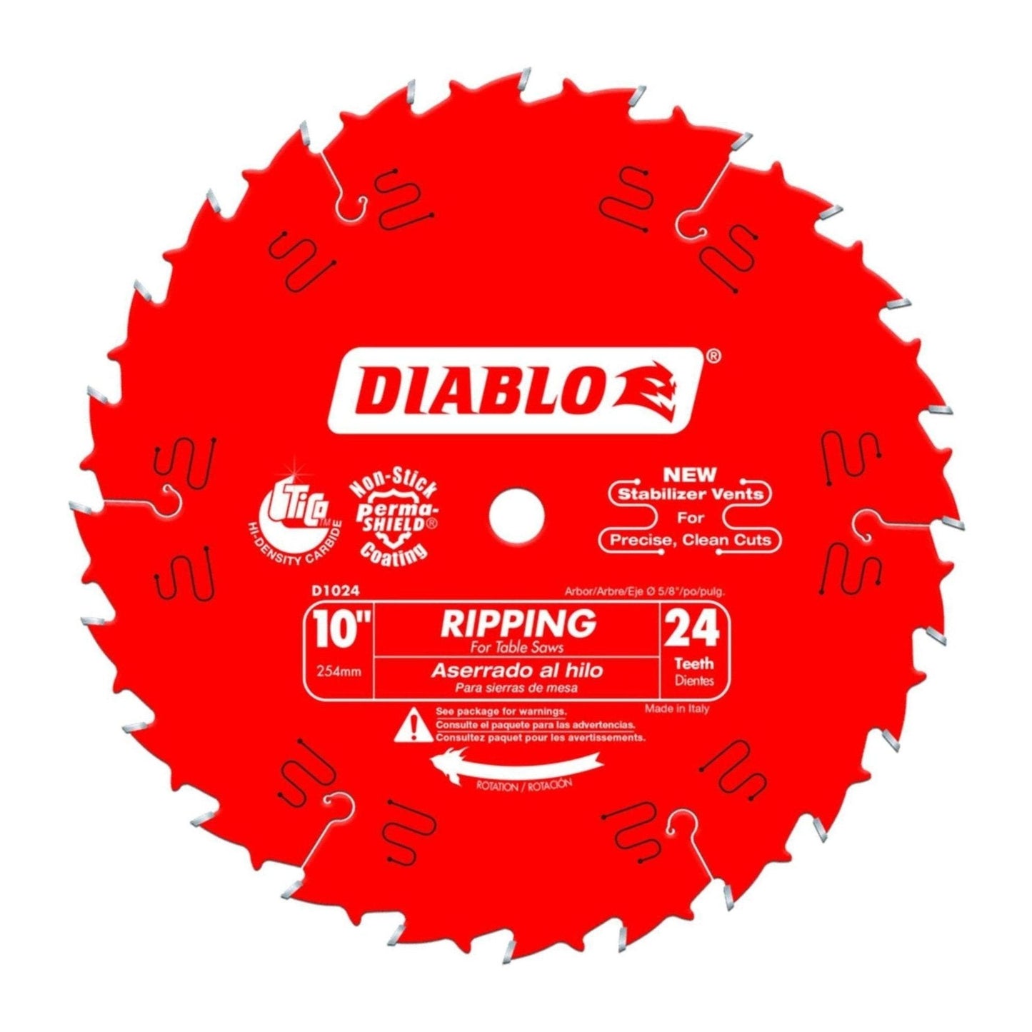 The Diablo D1024X is a 10-inch red ripping saw blade for table saws, featuring 24 carbide-tipped teeth, stabilizer vents, a non-stick coating, and brand markings.