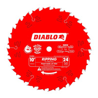 The Diablo D1024X is a 10-inch red ripping saw blade for table saws, featuring 24 carbide-tipped teeth, stabilizer vents, a non-stick coating, and brand markings.