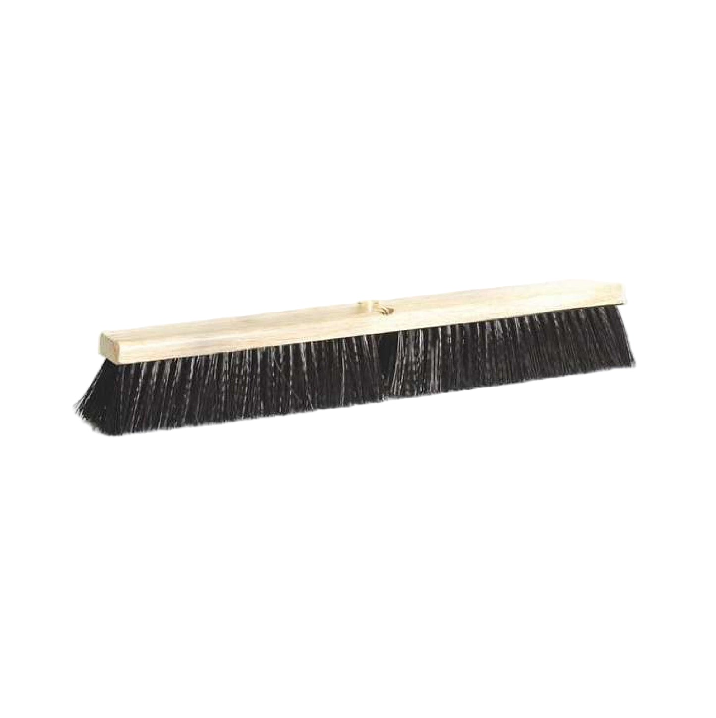 The DQB 10642 18 in. Black Poly Pro All Purpose Floor Sweep features a wooden block, dense black bristles with 3 in. trim, and two threaded holes—ideal for commercial floor cleaning and shown against a white background.