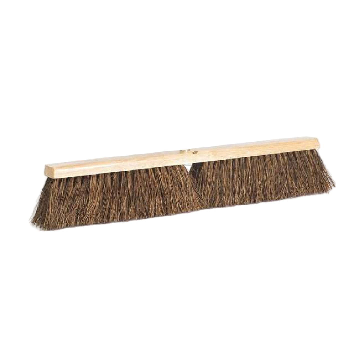 The DQB 10703 24 in. Heavy Duty Palmyra Garage Sweep Broom features stiff palmyra bristles, a 4 in. trim, and two threaded holes for handles; broom head is shown without handle, isolated on a white background.