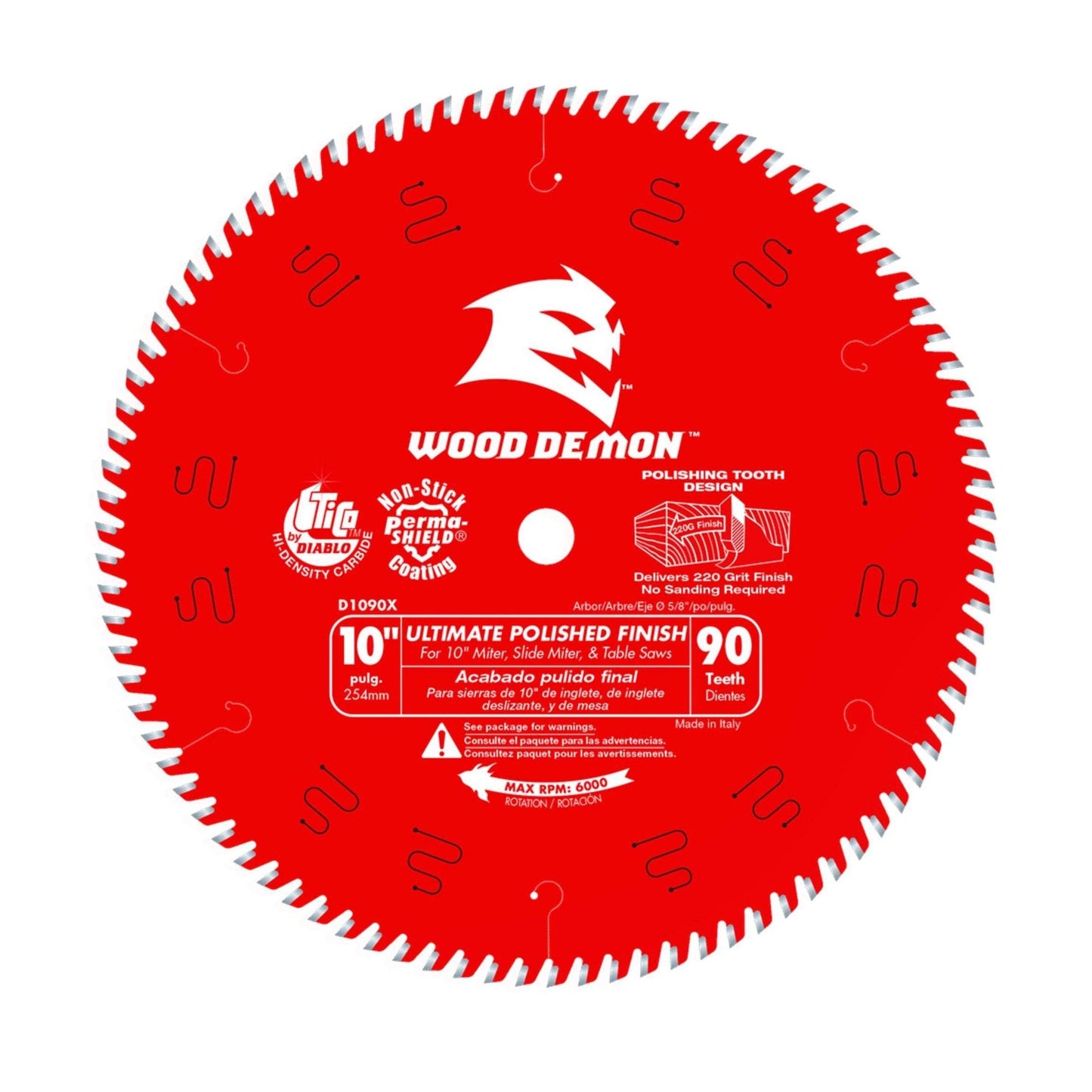 The DIABLO D1090X 10-inch x 90-teeth circular saw blade for wood, with Wood Demon branding and logo, features an ultra-thin kerf design, TiCo Hi-Density Carbide, and highlights its non-stick surface and polished tooth design in white text.
