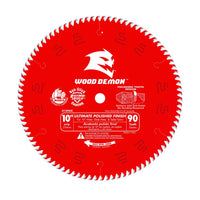 The DIABLO D1090X 10-inch x 90-teeth circular saw blade for wood, with Wood Demon branding and logo, features an ultra-thin kerf design, TiCo Hi-Density Carbide, and highlights its non-stick surface and polished tooth design in white text.