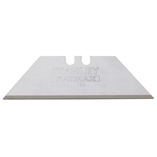 A pack of five STANLEY® FATMAX® Induction Utility Blades by STANLEY, featuring straight sharp edges and dual top notches for heavy-duty cutting, is displayed on a white background.