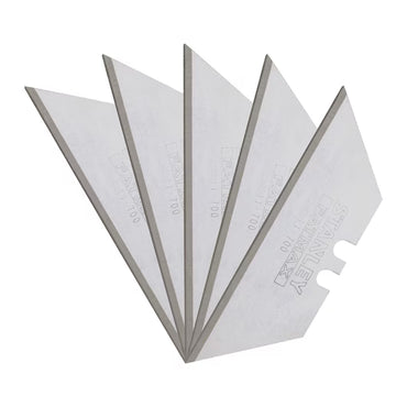 Five STANLEY® FATMAX® Induction Utility Blades by STANLEY fan out, showcasing silver metallic edges with text and notches, designed for tough cutting tasks.