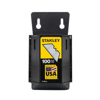 The STANLEY 11-921A Heavy-Duty Utility Blades with Dispenser (100/PK) features a black plastic case with yellow STANLEY logo, razor blade image, and "Made in USA with global materials" emblem. Ideal for utility knife blade replacements.