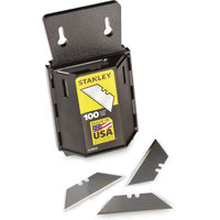 The STANLEY 11-921A Heavy-Duty Utility Blades with Dispenser (100/PK) features Made in USA packaging. Three loose blades are shown in front, ideal as replacement blades for your utility knife.