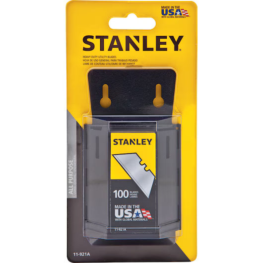 A pack of 100 STANLEY 11-921A Heavy-Duty Utility Blades with dispenser, branded in yellow and black, labeled "Made in the USA with global materials.