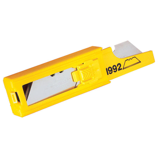 A yellow plastic dispenser for STANLEY 1992® Heavy-Duty Utility Blades (5 PK) features a sliding button, visible metal blades, and mountain icon label. Compatible with STANLEY utility knives and ideal for heavy-duty cutting tasks.