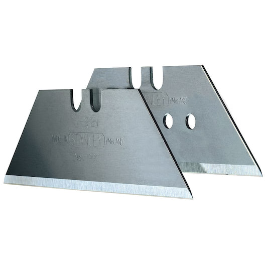 Two STANLEY 1992® Heavy-Duty Utility Blades from a 5 PK, featuring sharp edges, stand upright and slightly overlap against a white background.
