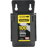 A black dispenser holds 100 STANLEY 1992® Heavy-Duty Utility Blades, with a yellow and black label that reads: Push Blade Use Caution. STANLEY. 100 Heavy Duty Utility Blades. Made in USA.