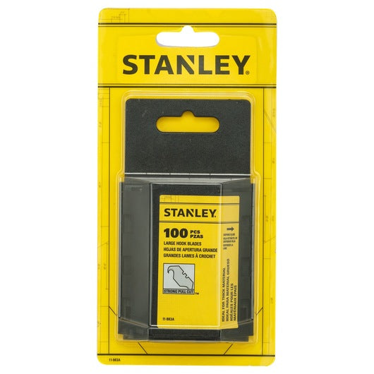 Stanley KNIFE-BLADE LRG HK BLD 19MM LEN(50MM)100PC: 100 heavy-duty large hook knife blades ideal for carpet cutting, in a yellow and black plastic case, on Stanley-branded yellow cardboard backing.