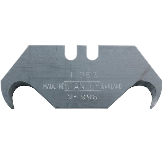 The STANLEY® 1996 Large Hook Blade x5 features a metal, bat-shaped design with dual inward curved hooks, ideal as utility knife replacements or for carpet cutting. Labeled STANLEY, MADE IN ENGLAND, No 1996.