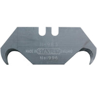 The STANLEY® 1996 Large Hook Blade x5 features a metal, bat-shaped design with dual inward curved hooks, ideal as utility knife replacements or for carpet cutting. Labeled STANLEY, MADE IN ENGLAND, No 1996.