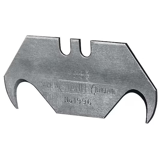 The STANLEY® 1996 Large Hook Blade x5 features a metallic, bat-shaped design with two hooked ends for carpet cutting and is engraved with STANLEY ENGLAND and No 1996.