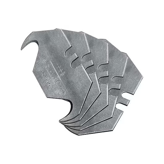 Five STANLEY® 1996 Large Hook Blades with angled edges and hooked tips, displayed on a white background—perfect for precise carpet cutting or metal roofing tasks.