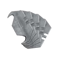 Five STANLEY® 1996 Large Hook Blades with angled edges and hooked tips, displayed on a white background—perfect for precise carpet cutting or metal roofing tasks.