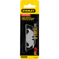 The STANLEY® 1996 Large Hook Blade x5 features 5 utility blades in black and yellow packaging with a visible large hook blade, ideal for carpet cutting. Product details appear in English, French, and Spanish.