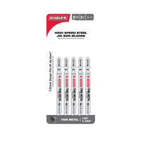 The DIABLO DJT118G5 set includes five 3-5/8 in. jig saw blades made of high-speed steel, designed for thin metal cutting. Featuring a 36 TPI T-Shank Design Fits All Jig Saws, the blade dimensions range from 1/64 to 3/64.