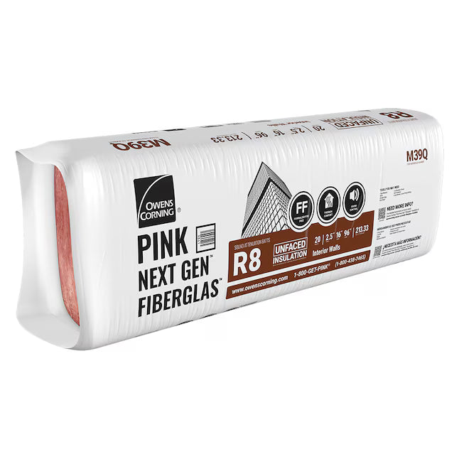 A package of Owens Corning R8 16 in. x 96 in. Unfaced Fiberglass Batt Insulation (213 sq. ft.), wrapped in white plastic with black and brown labeling, displaying product details and an illustration of a building.