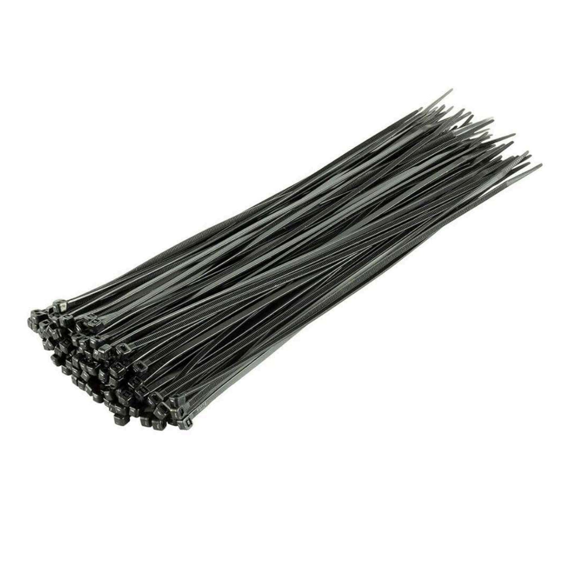 A bundle of G FORCE 25207 11 in. x 3/16 in. Nylon Black Cable Ties (100/Pk) is arranged with aligned locking ends and fanned-out tails—ideal for cable management projects needing sturdy black ties.