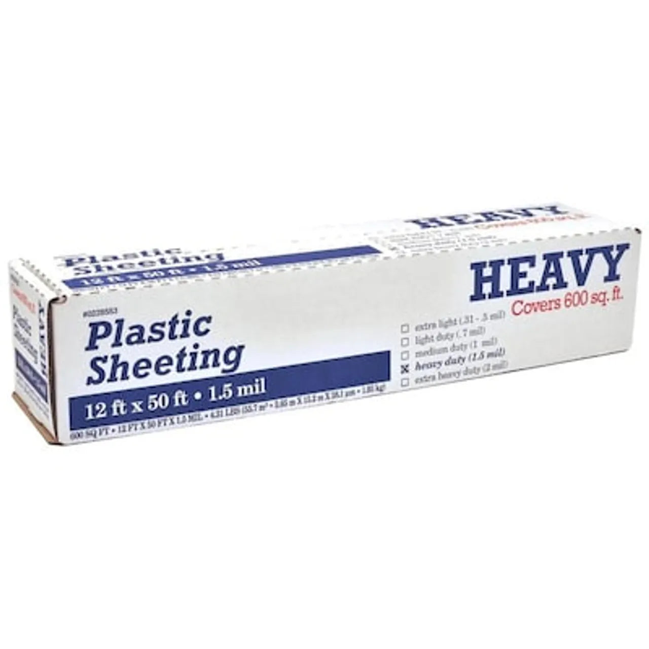 Go Build 12 ft. x 50 ft. Plastic Sheeting - Clear, covers 600 sq. ft., labeled HEAVY, is perfect as a durable drop cloth for any project site—by Go Build, The Fastest Way To Build.