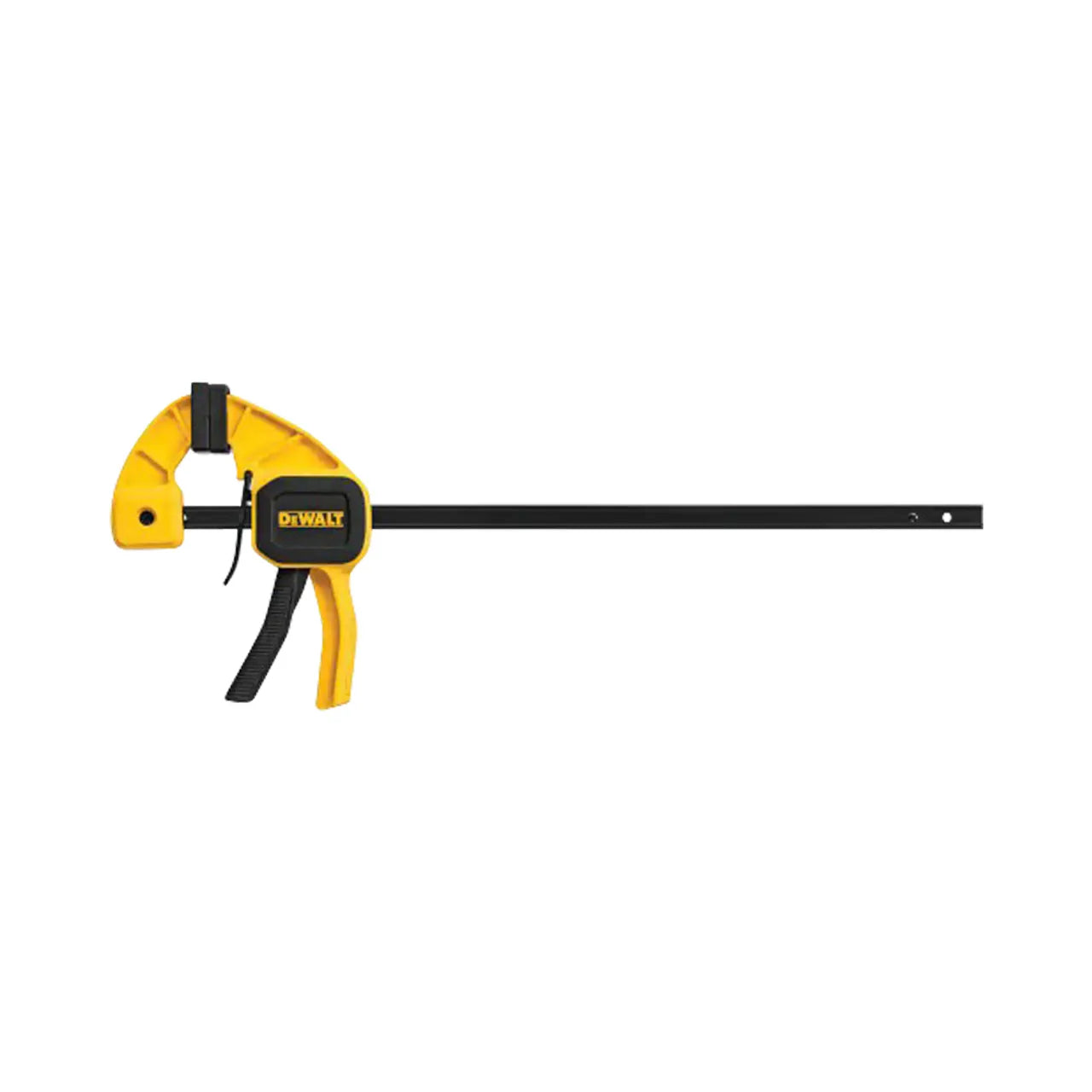 A yellow and black Go Build 12 in. 100 lbs. Trigger Clamp with 2.43 in. throat depth, ideal for holding materials during woodworking or construction projects, isolated on a white background.