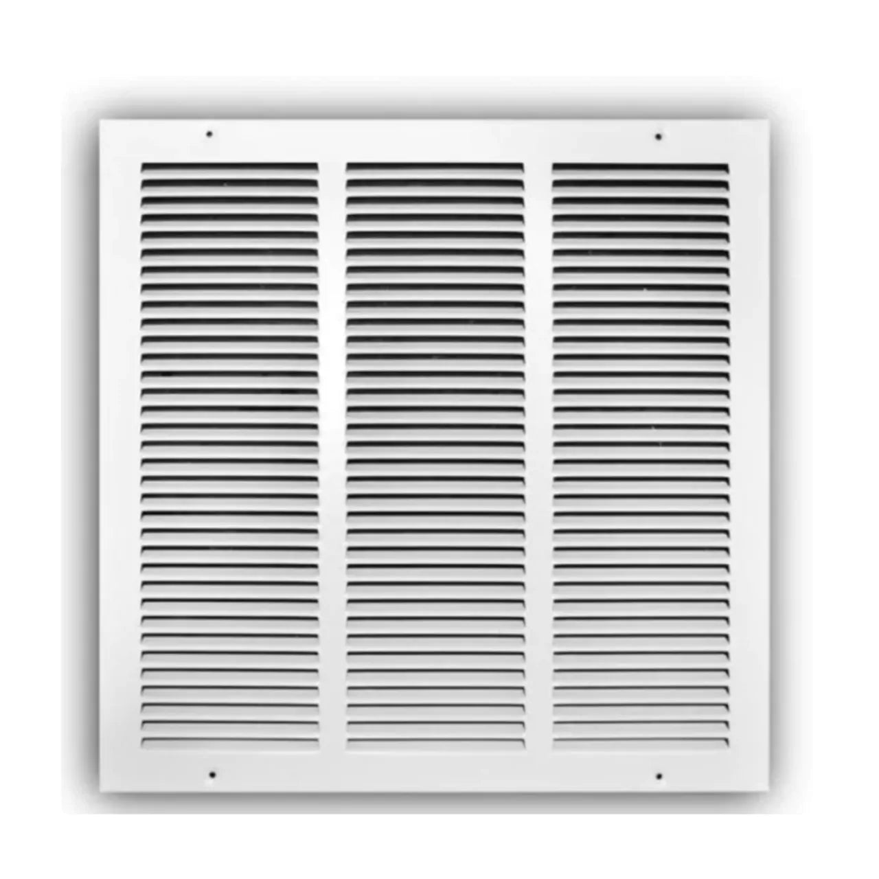 The Go Build 12 in. x 12 in. Steel Return Air Grille – White features horizontal slats for maximum airflow, easy installation, and visible corner screw holes, making it ideal for your ventilation system.