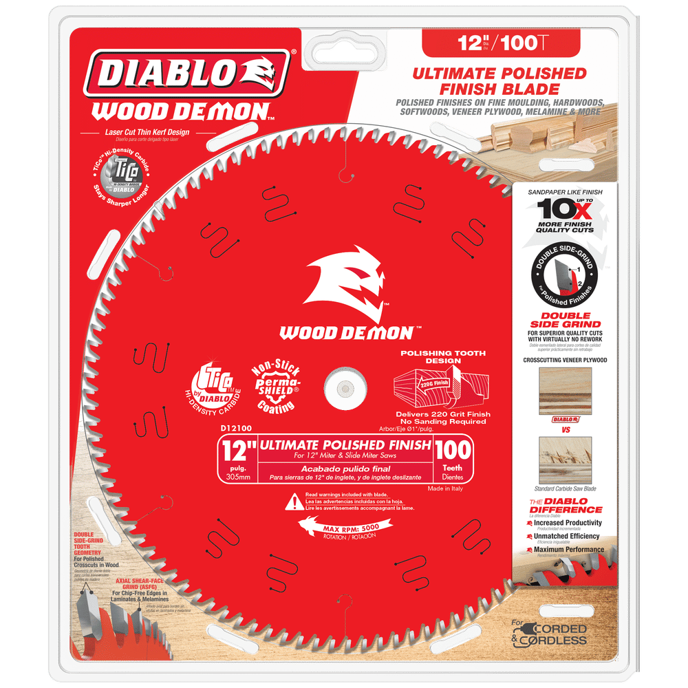 Image of a Diablo D12100X 12-inch, 100-tooth saw blade with TiCo Carbide in packaging. The red blade features white branding and highlights a polished finish, non-stick coating, and sandblasted tips for smoother wood cuts.