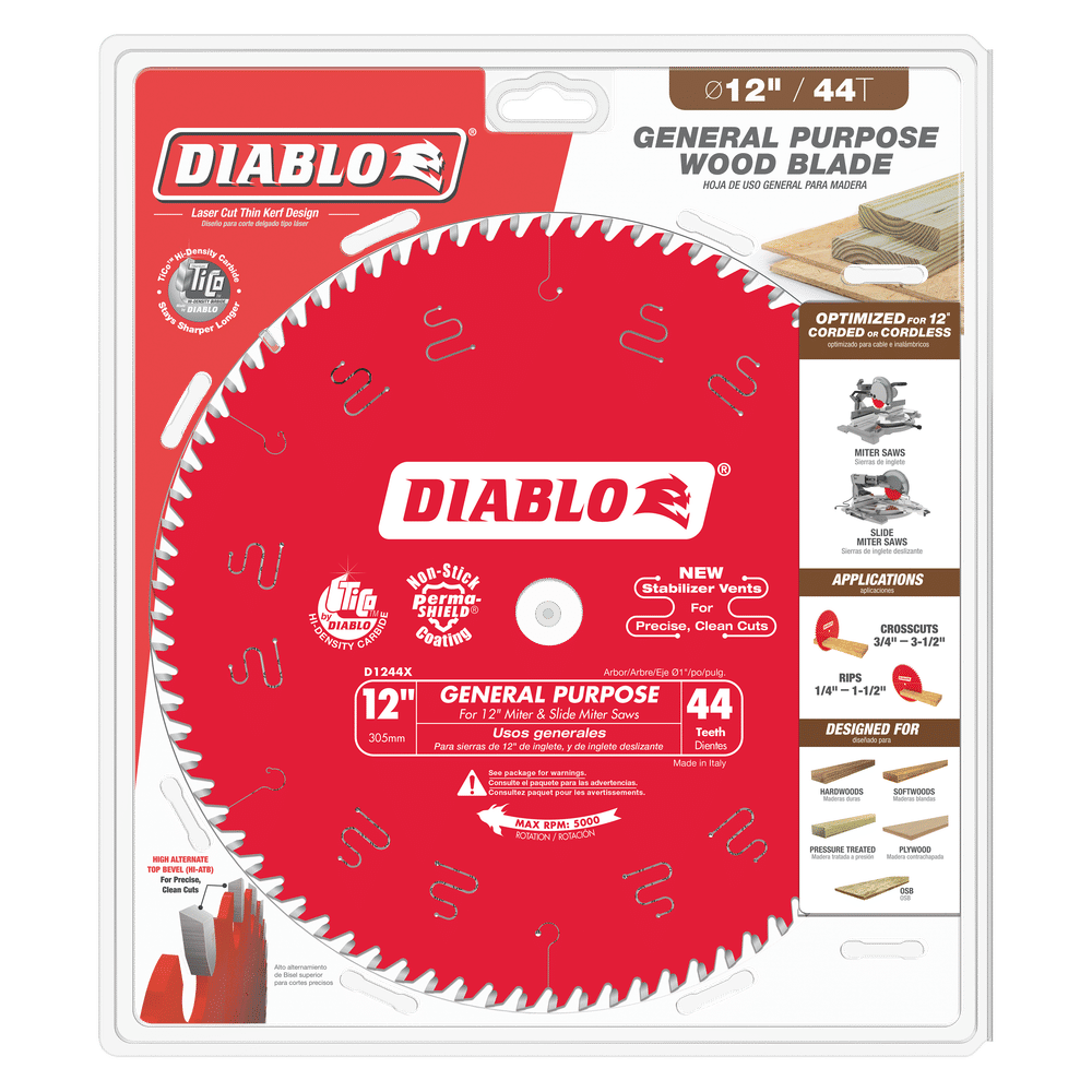 Image of a DIABLO D1244X 12 in. x 44-Teeth General Purpose Saw Blade for Wood in its packaging. The blade is red and prominently features the white Diablo logo at the center. The packaging emphasizes key benefits such as reduced vibration, enhanced durability, and compatibility with table and miter saws.