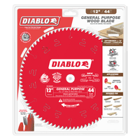 Image of a DIABLO D1244X 12 in. x 44-Teeth General Purpose Saw Blade for Wood in its packaging. The blade is red and prominently features the white Diablo logo at the center. The packaging emphasizes key benefits such as reduced vibration, enhanced durability, and compatibility with table and miter saws.