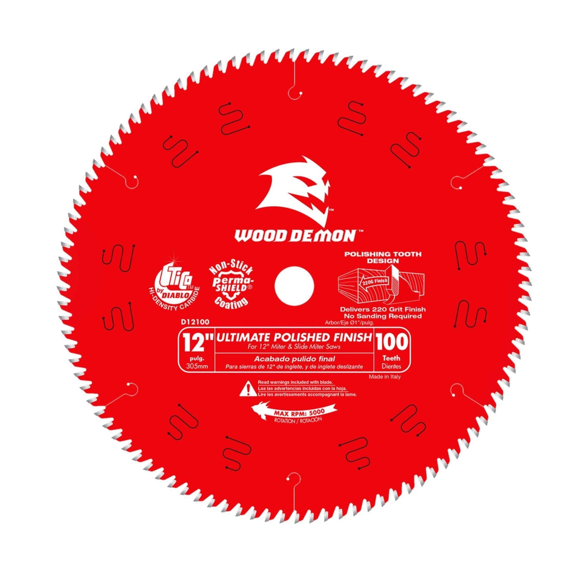 The Diablo DIABLO D12100X is a 12-inch, 100-tooth circular saw blade for wood, featuring a polished finish and TiCo Carbide construction. It includes protective warnings and detailed technical information for optimal use.