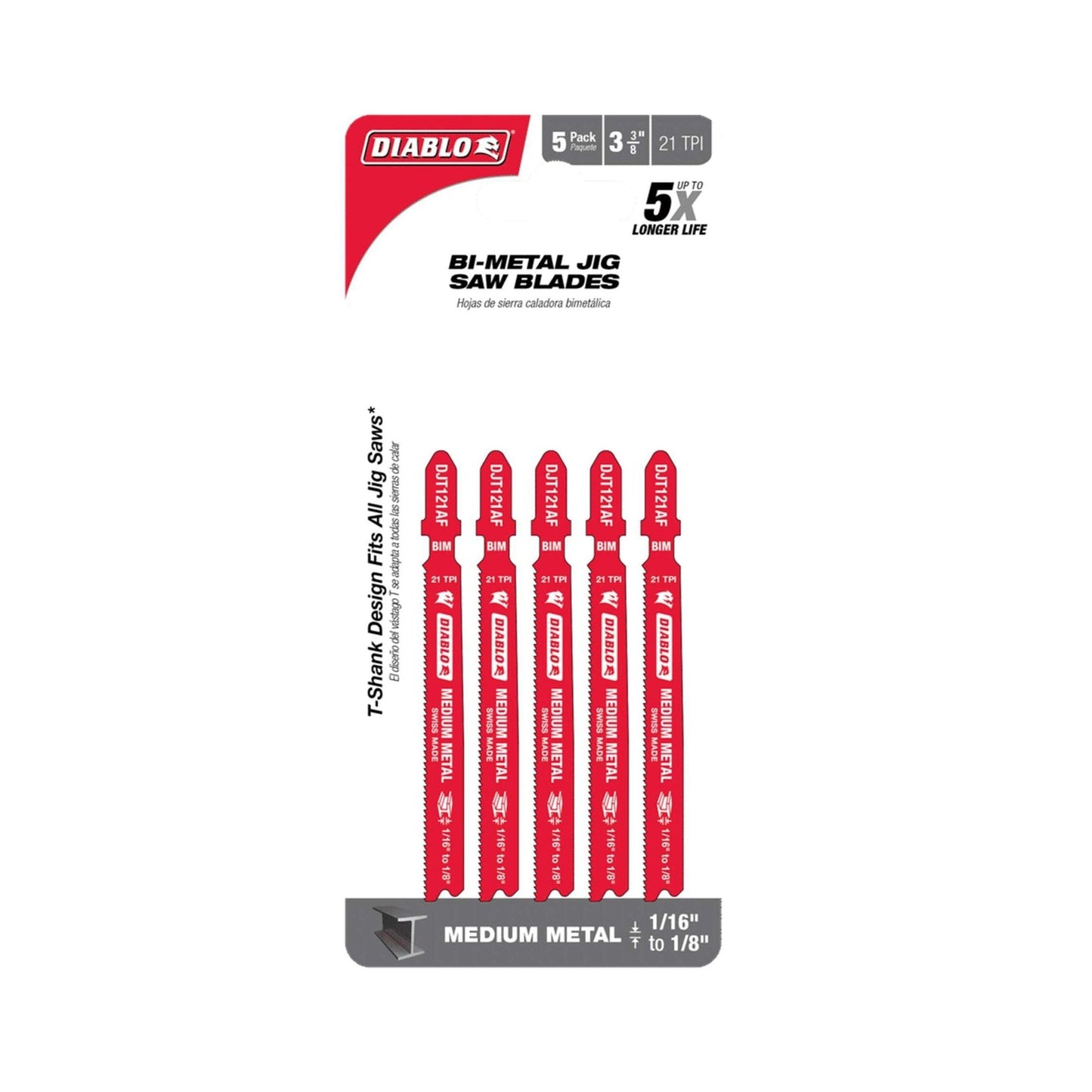 The Diablo DJT121AF5 packaging includes five red, 3-5/8 inch bi-metal jig saw blades for medium metal, featuring a 21 TPI T-Shank design and ultra-hardened edges that last five times longer, suited for cutting metal thicknesses from 1/16 to 1/8 inch.