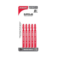 The Diablo DJT121AF5 packaging includes five red, 3-5/8 inch bi-metal jig saw blades for medium metal, featuring a 21 TPI T-Shank design and ultra-hardened edges that last five times longer, suited for cutting metal thicknesses from 1/16 to 1/8 inch.