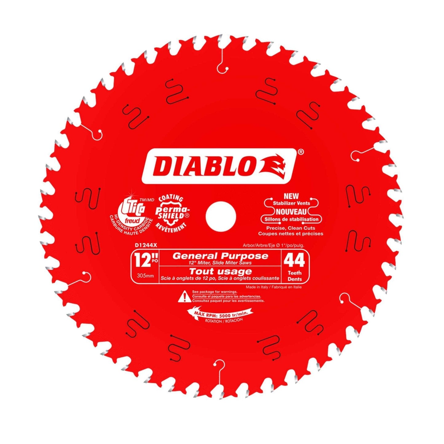 The DIABLO D1244X 12-inch x 44-teeth general purpose saw blade, featuring the Diablo logo in white on a red background, is ideal for table and miter saws. It is specifically designed for wood cutting, with various technical specifications and usage information printed directly on the blade.