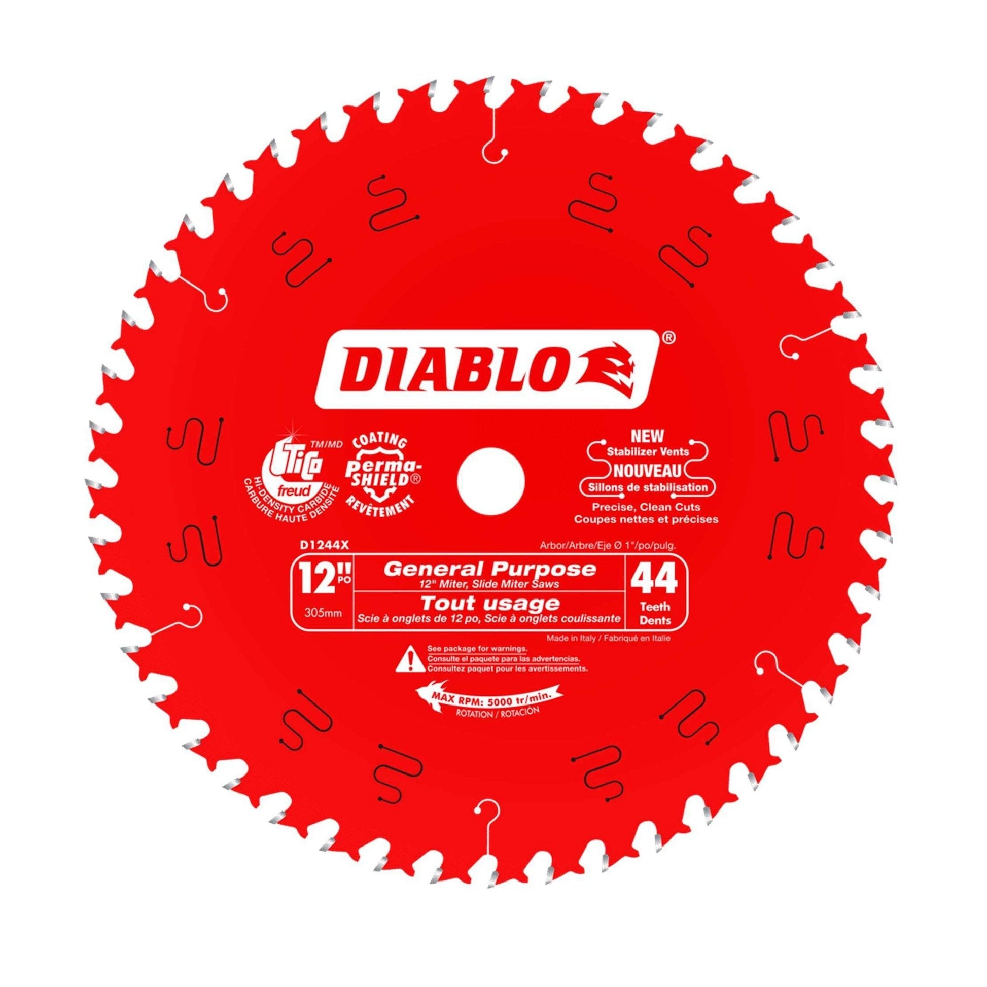 The DIABLO D1244X 12-inch x 44-teeth general purpose saw blade, featuring the Diablo logo in white on a red background, is ideal for table and miter saws. It is specifically designed for wood cutting, with various technical specifications and usage information printed directly on the blade.