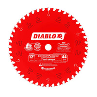 The DIABLO D1244X 12-inch x 44-teeth general purpose saw blade, featuring the Diablo logo in white on a red background, is ideal for table and miter saws. It is specifically designed for wood cutting, with various technical specifications and usage information printed directly on the blade.