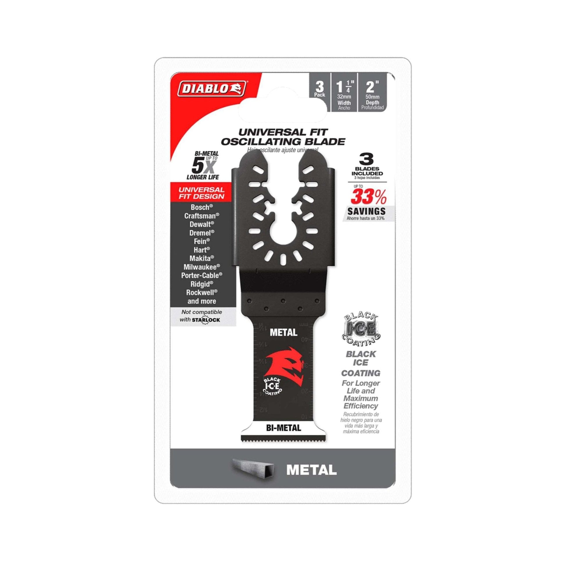 The DIABLO DOU125BF3 1-1/4 in. Steel Demon™ blades feature an ultra-hardened edge for metal cutting and fit various tools. The black packaging with red and white text highlights a 33% savings offer. Comes as a 3-pack by Diablo.