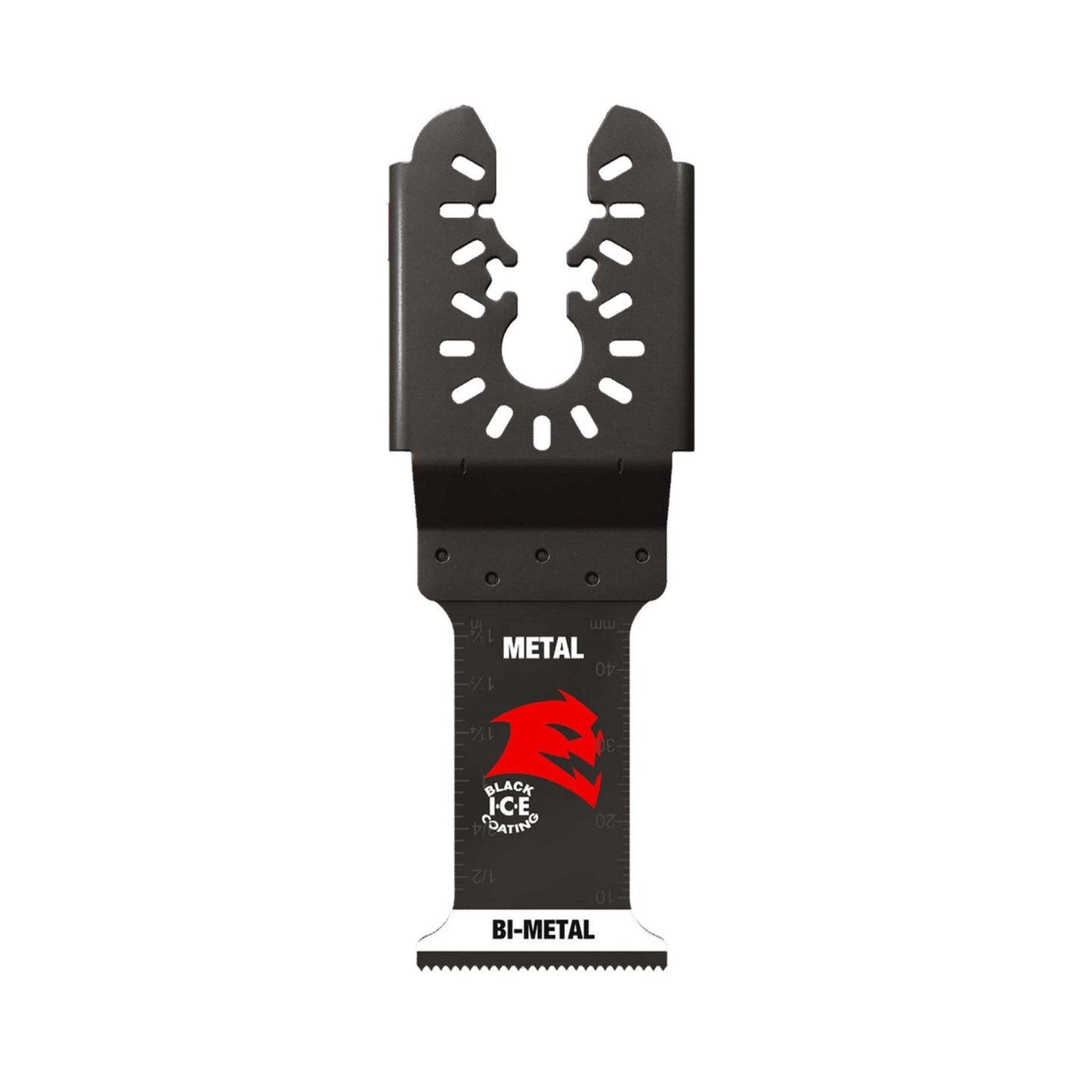 The Diablo DIABLO DOU125BF Steel Demon™ 1-1/4 in. oscillating blade features a universal fit bi-metal design with a wide surface, semi-circular notched top, ultra-hardened cutting edge with Black I.C.E. coating, and side measurements for precision in multi-tool applications.