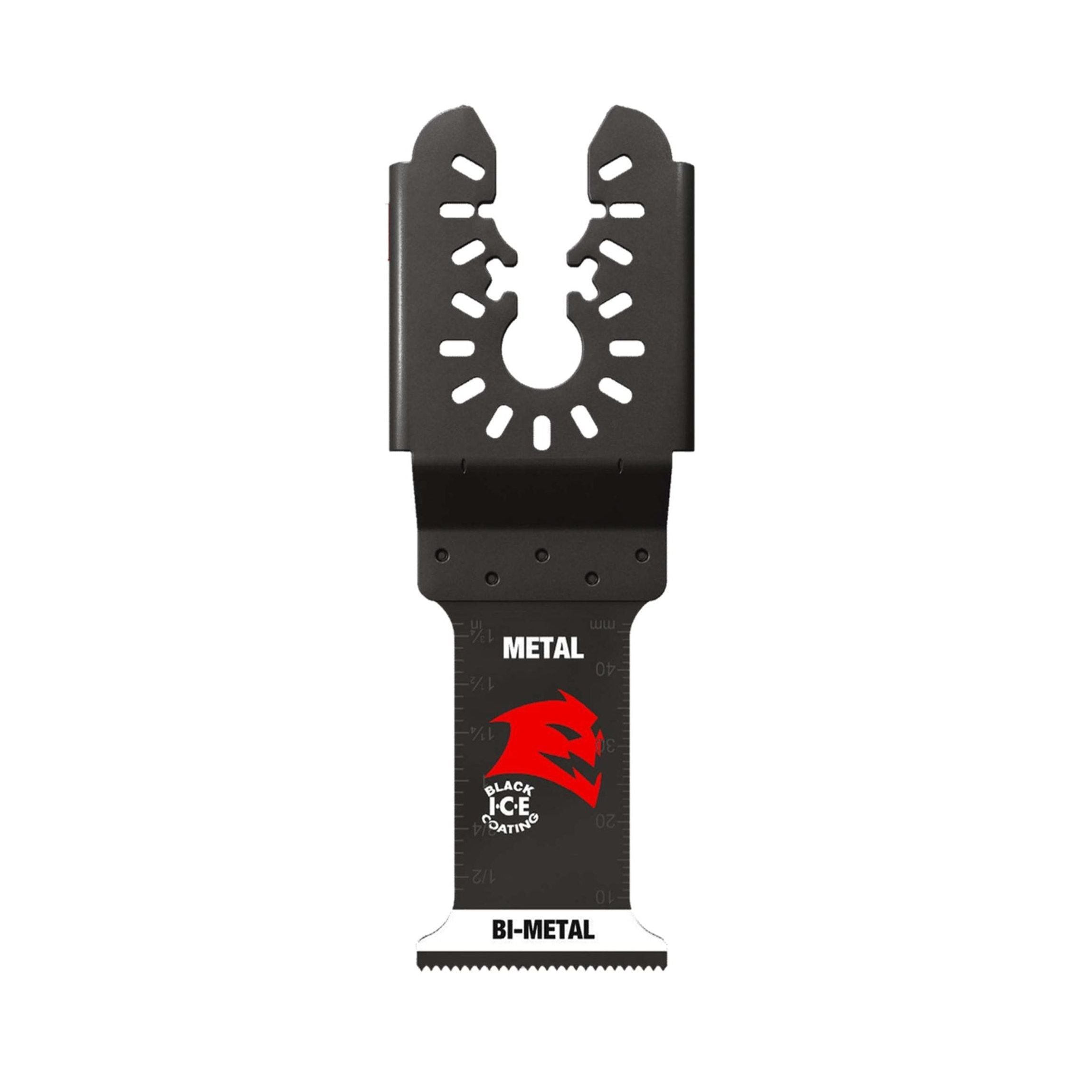 The Diablo DIABLO DOU125BF Steel Demon™ 1-1/4 in. oscillating blade features a universal fit bi-metal design with a wide surface, semi-circular notched top, ultra-hardened cutting edge with Black I.C.E. coating, and side measurements for precision in multi-tool applications.