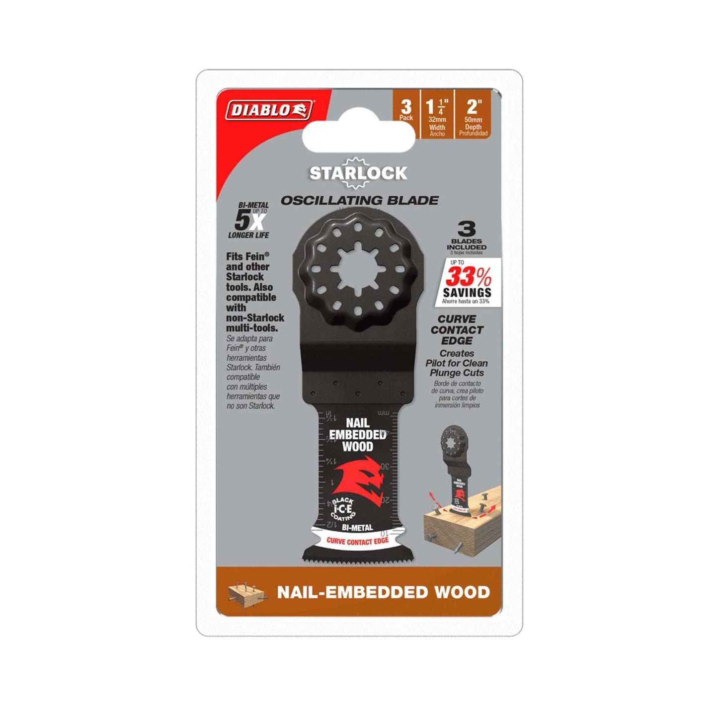 The packaging for the DIABLO DOS125BW3 Demo Demon™ Starlock blades shows their ultra-hardened edge, offering 5x durability for nail-embedded wood. Compatible with Fein Starlock models using a 3D connection, each blade is 1-1/4 inches wide and 2 inches long, featuring a cutting demonstration of these premium tools.